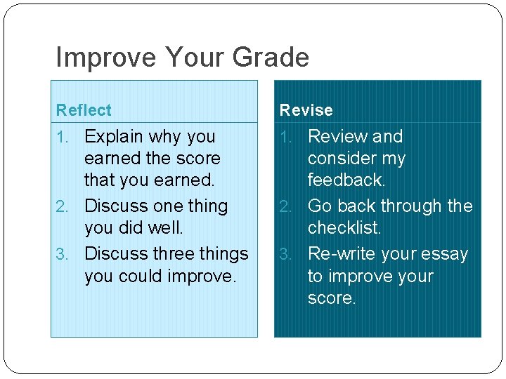 Improve Your Grade Reflect Revise 1. Explain why you 1. Review and earned the