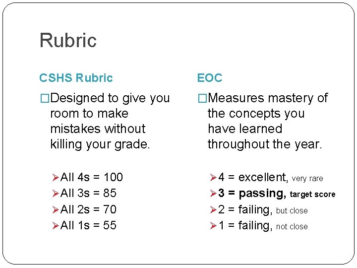 Rubric CSHS Rubric EOC �Designed to give you �Measures mastery of room to make