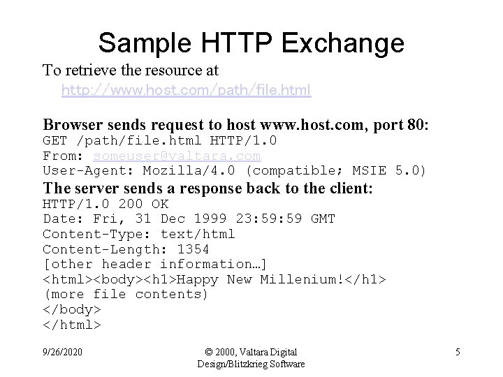 Sample HTTP Exchange To retrieve the resource at http: //www. host. com/path/file. html Browser