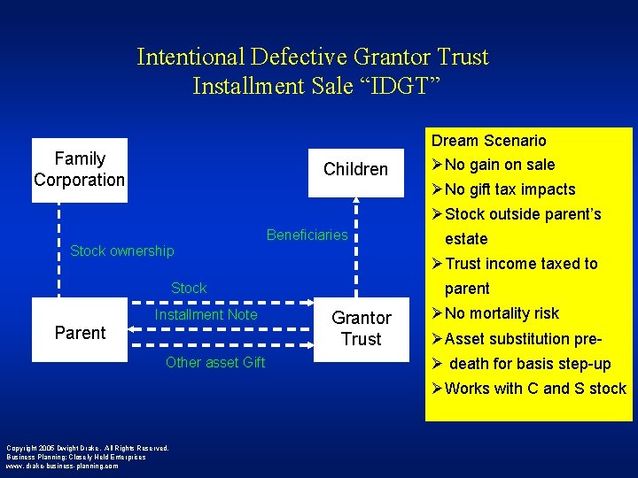 Intentional Defective Grantor Trust Installment Sale “IDGT” Family Corporation Children Dream Scenario ØNo gain
