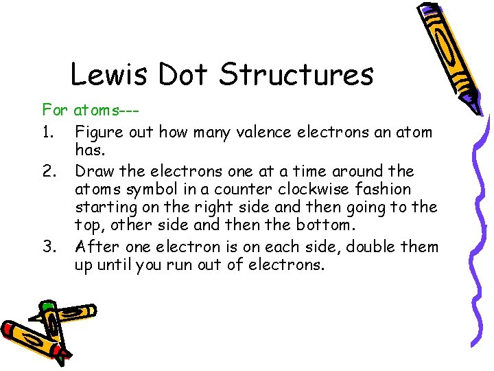 Lewis Dot Structures For atoms--1. Figure out how many valence electrons an atom has.