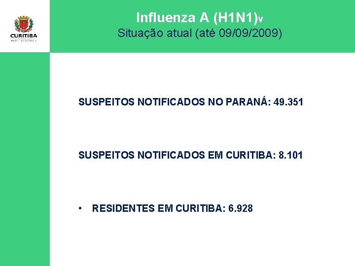 Influenza A (H 1 N 1)v Situação atual (até 09/09/2009) SUSPEITOS NOTIFICADOS NO PARANÁ: