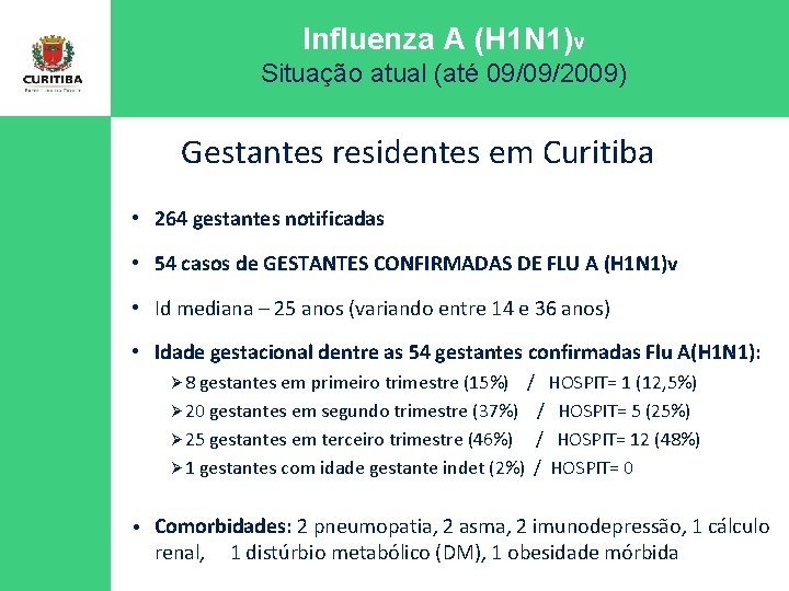 Influenza A (H 1 N 1)v Situação atual (até 09/09/2009) Gestantes residentes em Curitiba