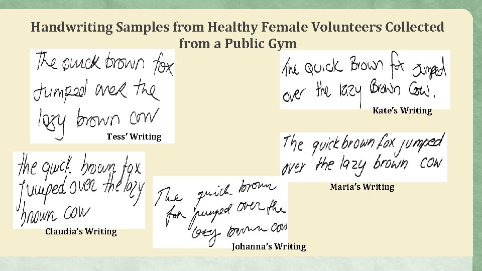 Handwriting Samples from Healthy Female Volunteers Collected from a Public Gym Kate’s Writing Tess’