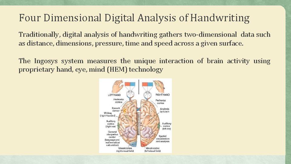 Four Dimensional Digital Analysis of Handwriting Traditionally, digital analysis of handwriting gathers two-dimensional data