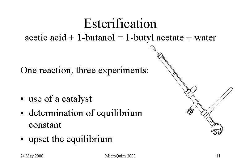 Esterification acetic acid + 1 -butanol = 1 -butyl acetate + water One reaction,