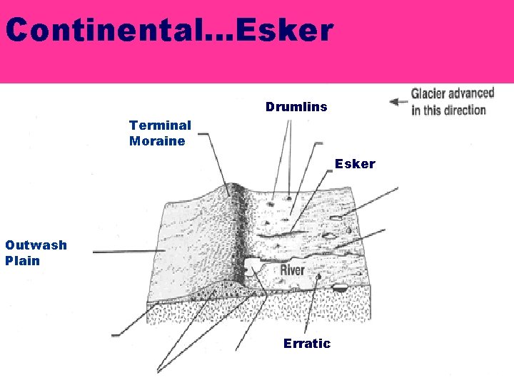 Continental…Esker Drumlins Terminal Moraine Esker Outwash Plain Erratic Continental…Esker Drumlins Terminal Moraine Esker Outwash Plain Erratic
