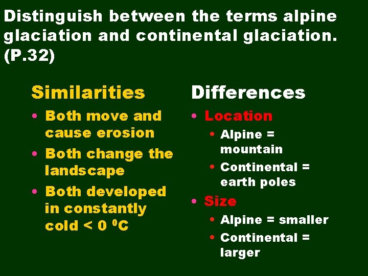 Distinguish between the terms alpine glaciation and continental glaciation. (P. 32) Similarities • Both Distinguish between the terms alpine glaciation and continental glaciation. (P. 32) Similarities • Both