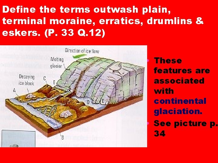Define the terms outwash plain, terminal moraine, erratics, drumlins & eskers. (P. 33 Q. Define the terms outwash plain, terminal moraine, erratics, drumlins & eskers. (P. 33 Q.