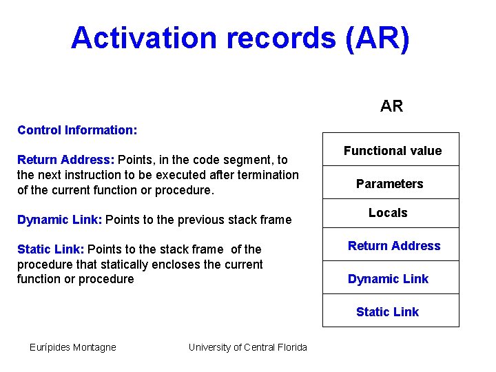 Activation records (AR) AR Control Information: Return Address: Points, in the code segment, to