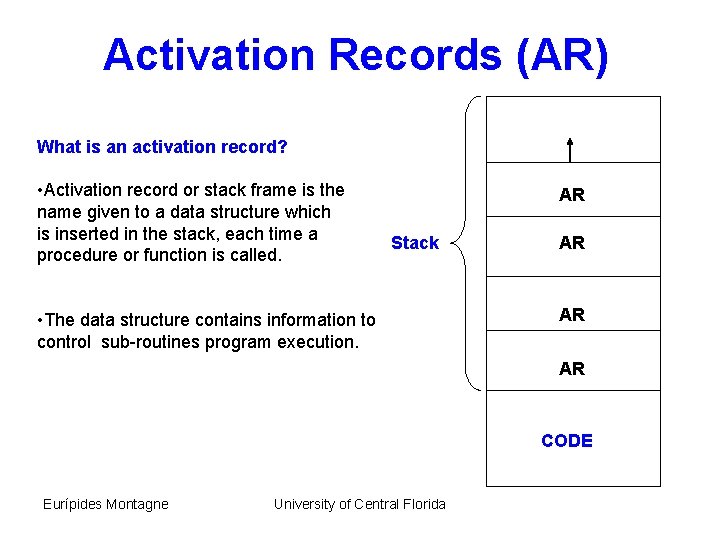 Activation Records (AR) What is an activation record? • Activation record or stack frame