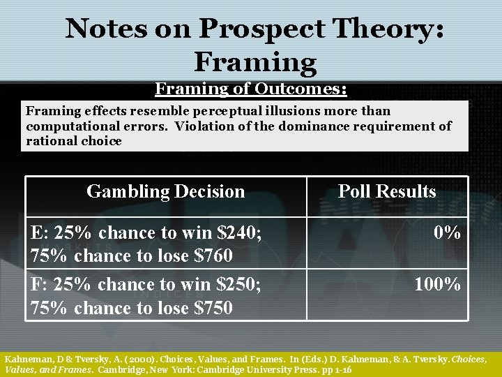 Notes on Prospect Theory: Framing of Outcomes: Framing effects resemble perceptual illusions more than