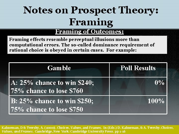 Notes on Prospect Theory: Framing of Outcomes: Framing effects resemble perceptual illusions more than