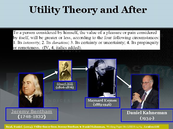 Utility Theory and After Stuart Mill (1806 -1876) Maynard Keynes (1883 -1946) Jeremy Bentham