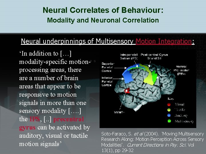 Neural Correlates of Behaviour: Modality and Neuronal Correlation Neural underpinnings of Multisensory Motion Integration:
