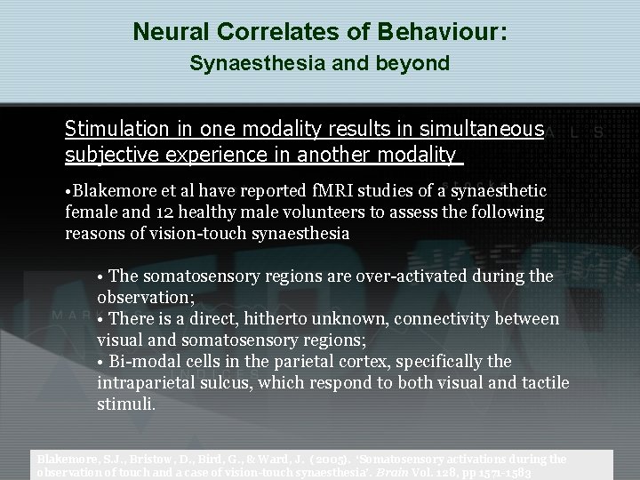 Neural Correlates of Behaviour: Synaesthesia and beyond Stimulation in one modality results in simultaneous