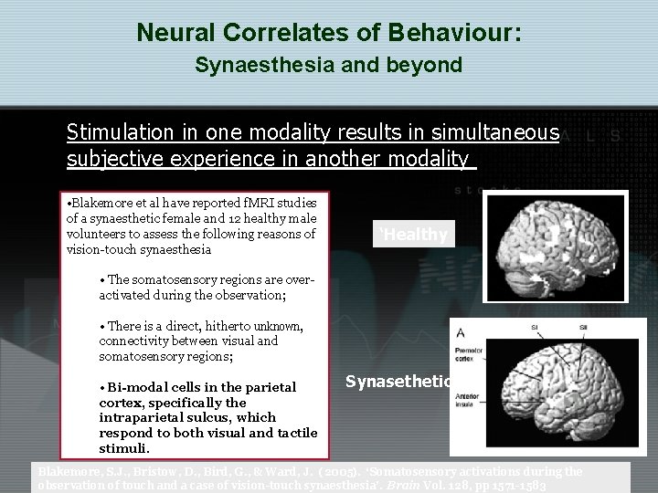 Neural Correlates of Behaviour: Synaesthesia and beyond Stimulation in one modality results in simultaneous