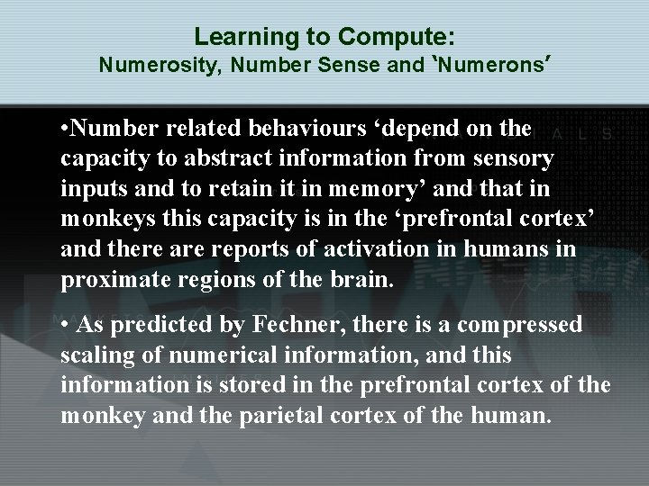 Learning to Compute: Numerosity, Number Sense and ‘Numerons’ • Number related behaviours ‘depend on