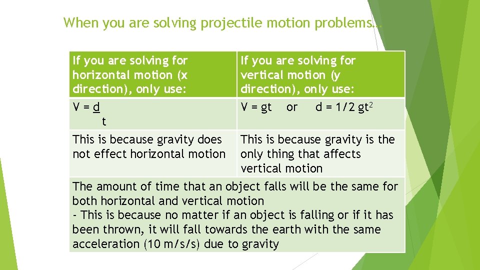 When you are solving projectile motion problems… If you are solving for horizontal motion