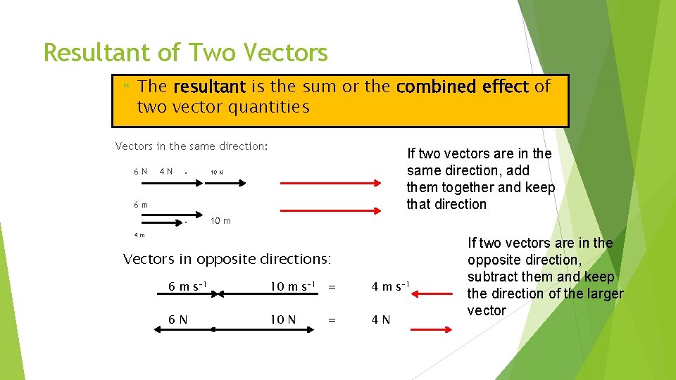 Resultant of Two Vectors The resultant is the sum or the combined effect of