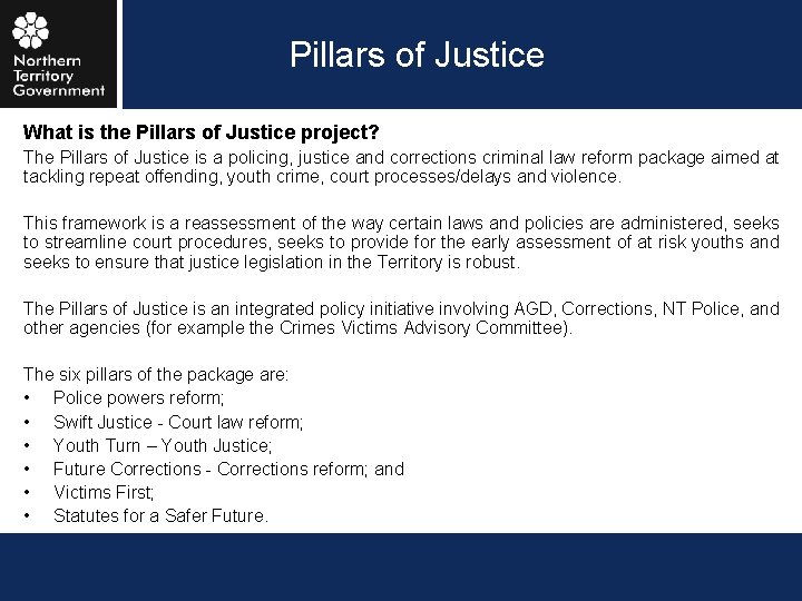  Pillars of Justice What is the Pillars of Justice project? The Pillars of