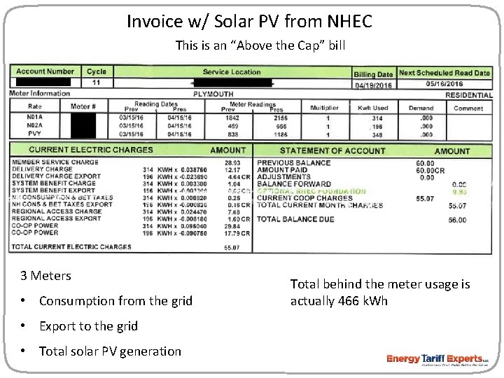 Invoice w/ Solar PV from NHEC This is an “Above the Cap” bill 3
