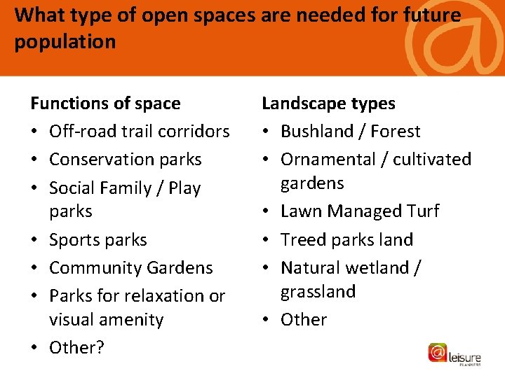 What type of open spaces are needed for future population Functions of space •