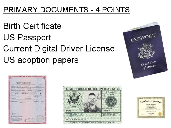 PRIMARY DOCUMENTS - 4 POINTS Birth Certificate US Passport Current Digital Driver License US