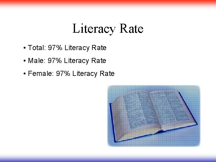 Literacy Rate • Total: 97% Literacy Rate • Male: 97% Literacy Rate • Female: