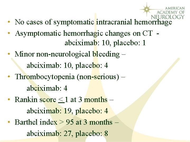  • No cases of symptomatic intracranial hemorrhage • Asymptomatic hemorrhagic changes on CT