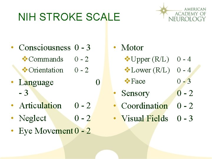 NIH STROKE SCALE • Consciousness 0 - 3 v. Commands v. Orientation 0 -