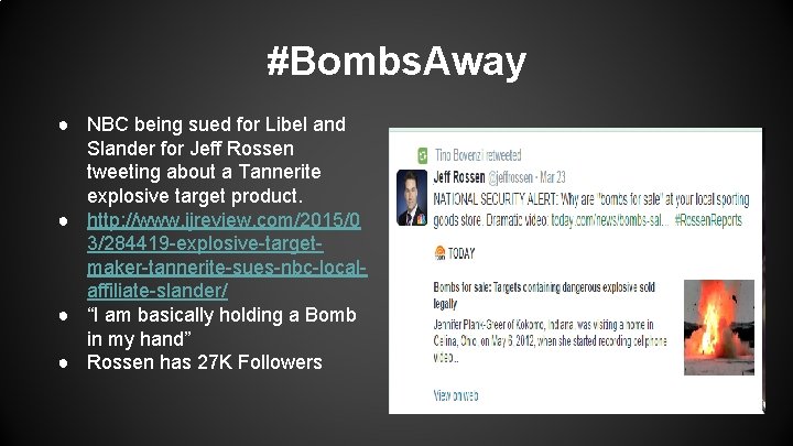 #Bombs. Away ● NBC being sued for Libel and Slander for Jeff Rossen tweeting #Bombs. Away ● NBC being sued for Libel and Slander for Jeff Rossen tweeting