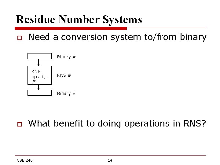 Residue Number Systems o Need a conversion system to/from binary Binary # RNS ops