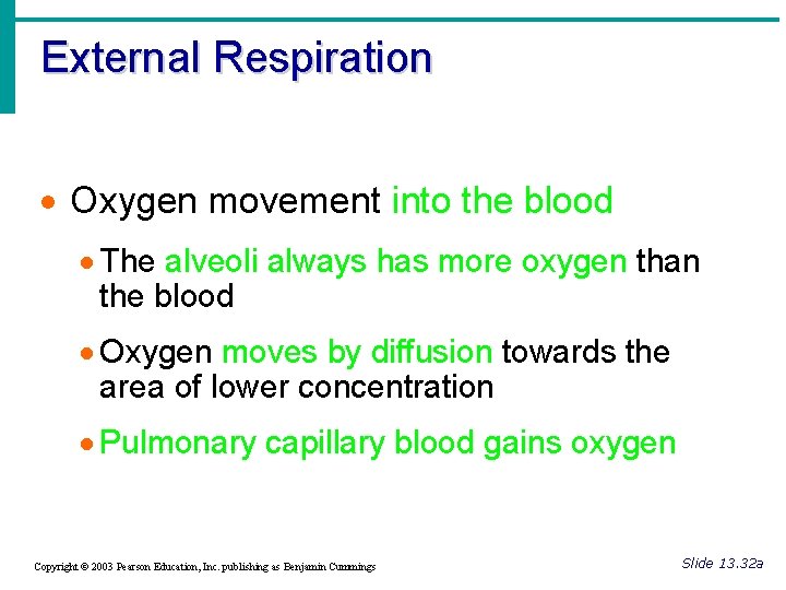 External Respiration · Oxygen movement into the blood · The alveoli always has more