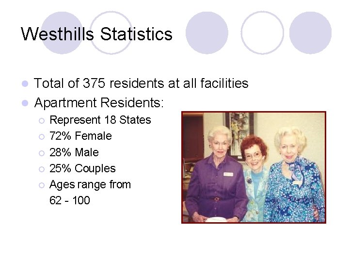 Westhills Statistics Total of 375 residents at all facilities l Apartment Residents: l ¡