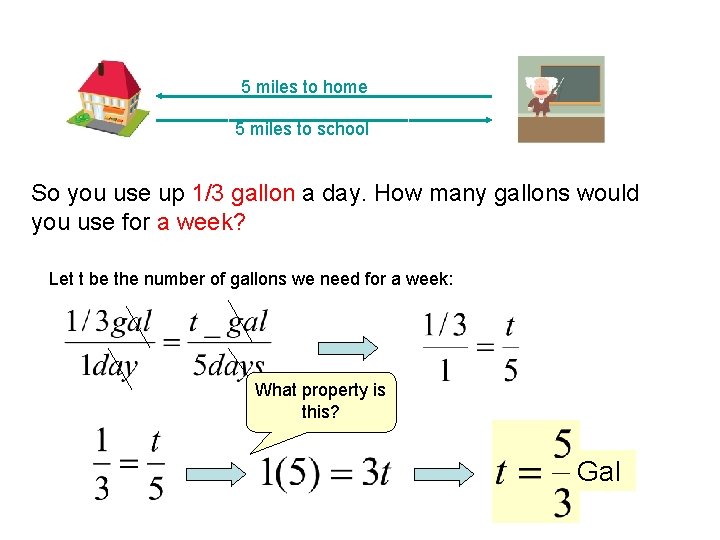 5 miles to home 5 miles to school So you use up 1/3 gallon