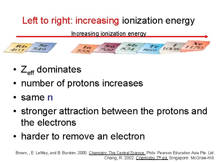 Left to right: increasing ionization energy Increasing ionization energy • • Zeff dominates number