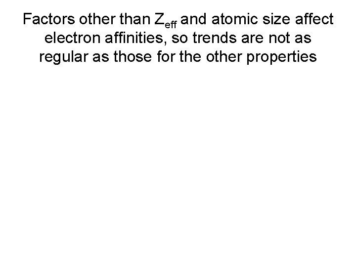 Factors other than Zeff and atomic size affect electron affinities, so trends are not