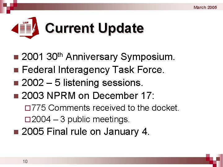 March 2005 Current Update 2001 30 th Anniversary Symposium. n Federal Interagency Task Force.