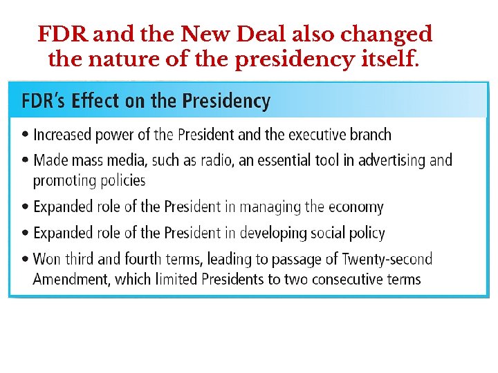 FDR and the New Deal also changed the nature of the presidency itself. 