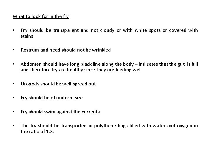 What to look for in the fry • Fry should be transparent and not