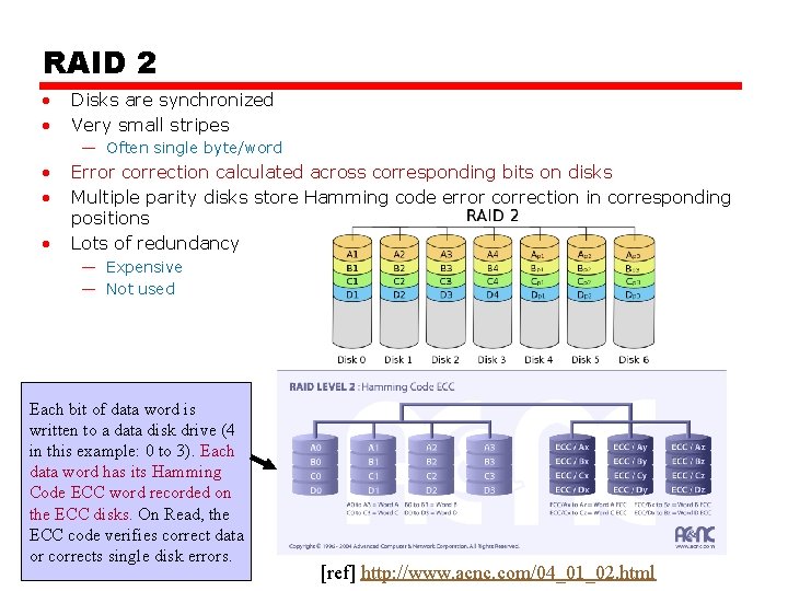 RAID 2 • • Disks are synchronized Very small stripes — Often single byte/word