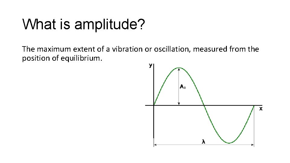 What is amplitude? The maximum extent of a vibration or oscillation, measured from the