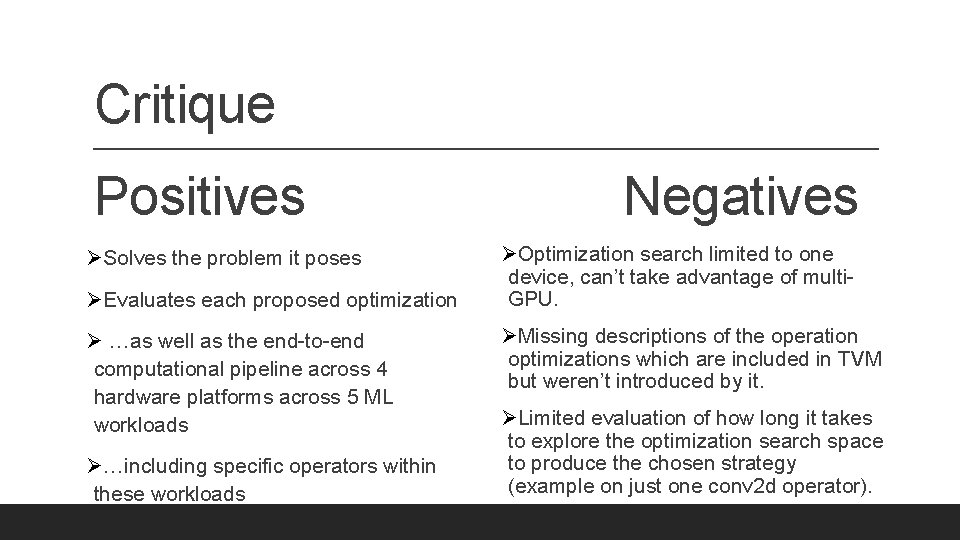 Critique Positives ØSolves the problem it poses ØEvaluates each proposed optimization Ø …as well