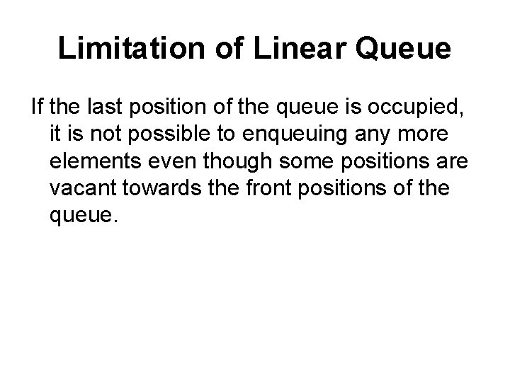 Limitation of Linear Queue If the last position of the queue is occupied, it
