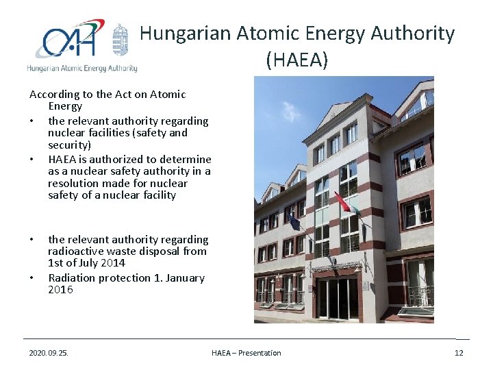 Hungarian Atomic Energy Authority (HAEA) According to the Act on Atomic Energy • the