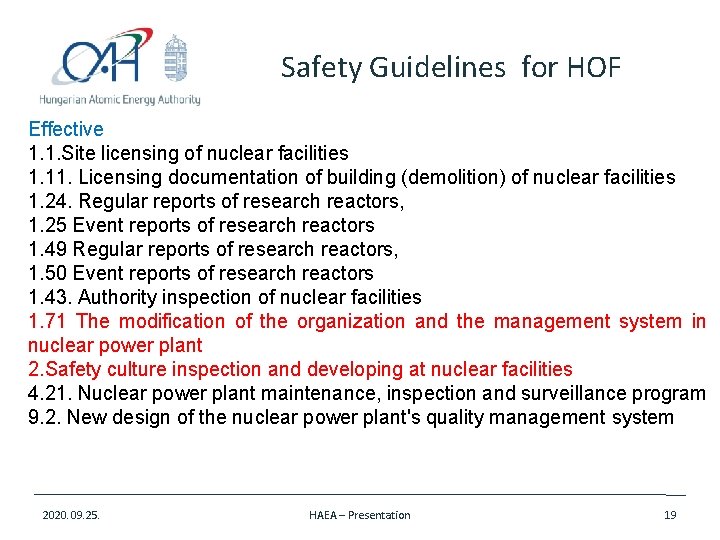 Safety Guidelines for HOF Effective 1. 1. Site licensing of nuclear facilities 1. 11.
