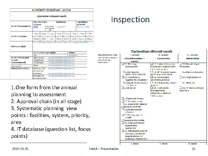 Inspection 1. One form from the annual planning to assessment 2. Approval chain (in