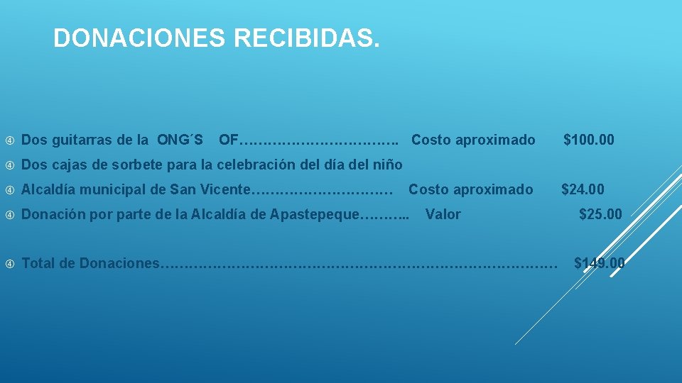 DONACIONES RECIBIDAS. Dos guitarras de la ONG´S OF………………. Costo aproximado $100. 00 Dos cajas