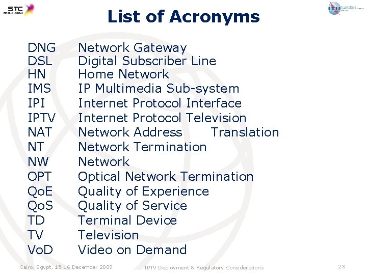 List of Acronyms DNG DSL HN IMS IPI IPTV NAT NT NW OPT Qo.